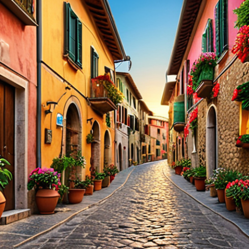 Home 4 **Vibrant Italian art village street scene. Cobblestone streets, colorful buildings, flower-filled balconies. Golden hour lighting. Photography focus.**