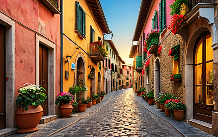 **Vibrant Italian art village street scene. Cobblestone streets, colorful buildings, flower-filled balconies. Golden hour lighting. Photography focus.**
