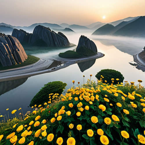 Dodam Sambong Sunrise**

"A breathtaking aerial view of Dodam Sambong at sunrise, South Korea, mist gently swirling around the rock formations, the Geum River reflecting the golden light, fully clothed photographers setting up tripods on the bank, safe for work, appropriate content, professional landscape photography, perfect anatomy of the landscape, natural proportions, high quality, dramatic lighting, serene atmosphere, family-friendly."

**