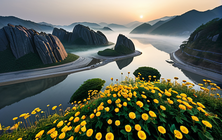 Dodam Sambong Sunrise**

"A breathtaking aerial view of Dodam Sambong at sunrise, South Korea, mist gently swirling around the rock formations, the Geum River reflecting the golden light, fully clothed photographers setting up tripods on the bank, safe for work, appropriate content, professional landscape photography, perfect anatomy of the landscape, natural proportions, high quality, dramatic lighting, serene atmosphere, family-friendly."

**