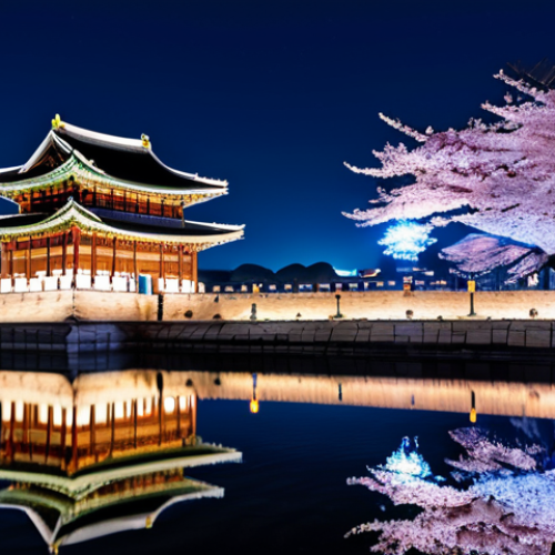 경복궁 야간개장 포토존 - **Prompt:** Illuminated Gyeongbokgung Palace at night, reflections in water, cherry blossom trees, s...