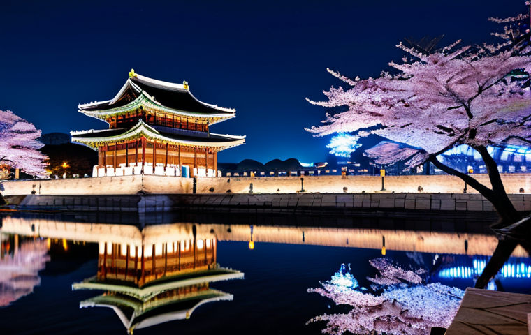 경복궁 야간개장 포토존 - **Prompt:** Illuminated Gyeongbokgung Palace at night, reflections in water, cherry blossom trees, s...