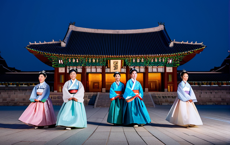 경복궁 야간개장 포토존 - **Prompt:** Illuminated Gyeongbokgung Palace at night, reflections in water, cherry blossom trees, s...